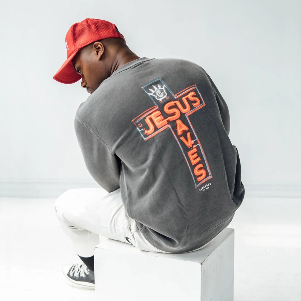 JESUS SAVES Pigment Dye Crew Sweatshirt by barnabas clothing